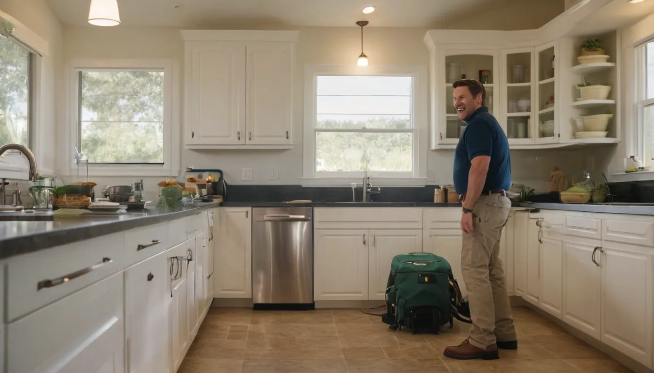 A friendly pest control provider inspecting a kitchen baseboard with a homeowner in a Missouri City area home