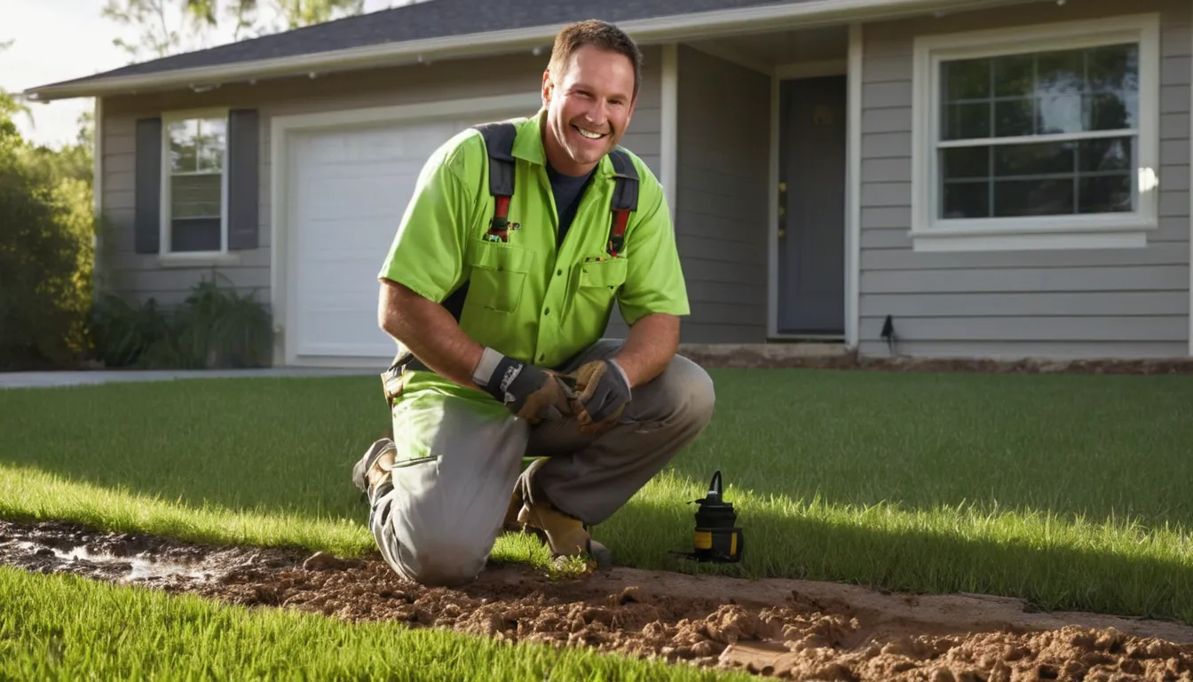 Friendly provider inspecting the foundation edge of a brick ranch home near Missouri City for termite activity